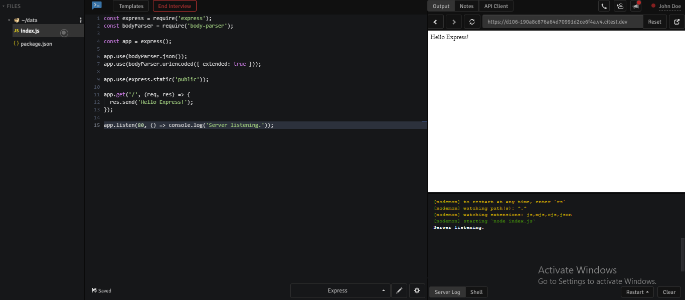 Online Node.js Editor at CodeInterview