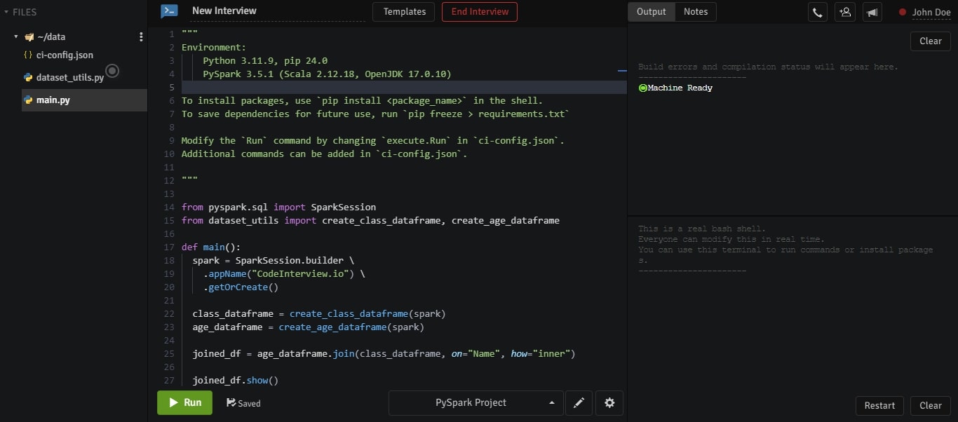 Online PySpark IDE at CodeInterview