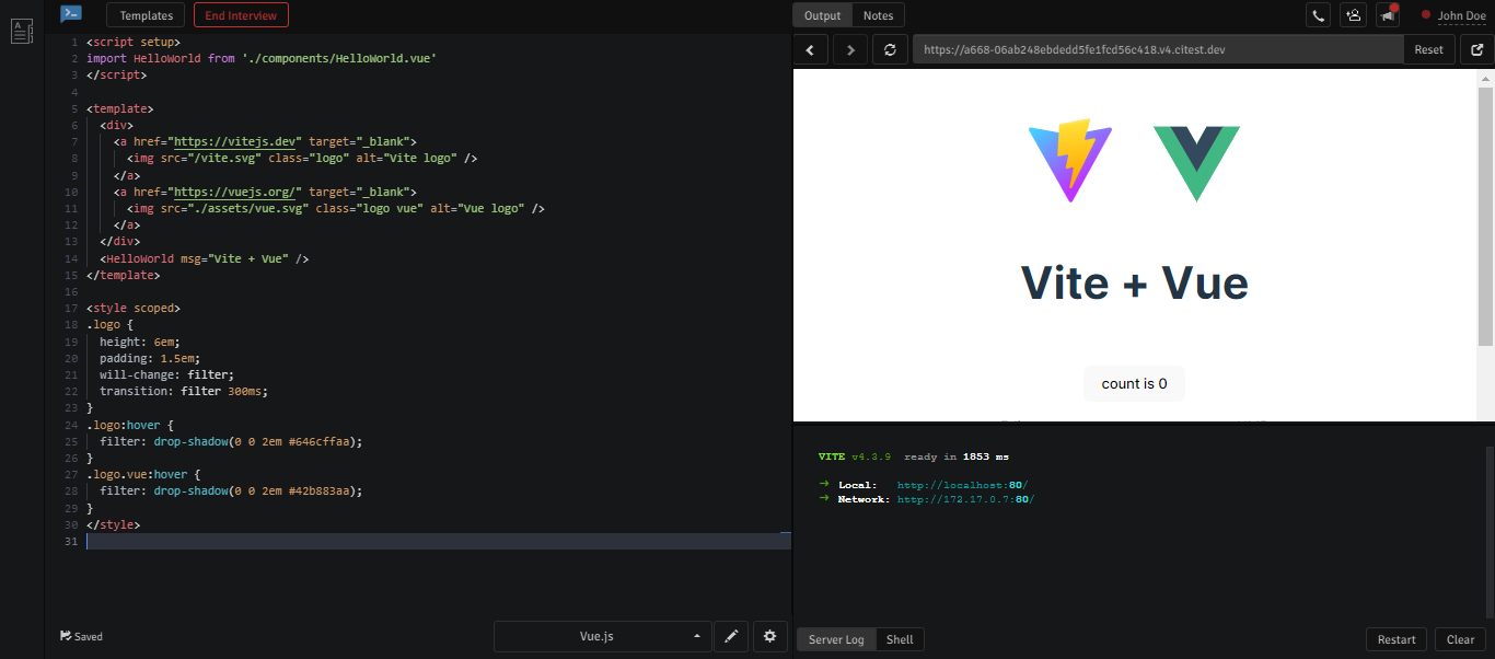 Online Vue.js Editor at CodeInterview