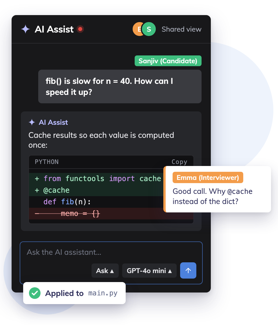 Candidate prompting AI Assist while the interviewer comments on the suggested code change in a shared view