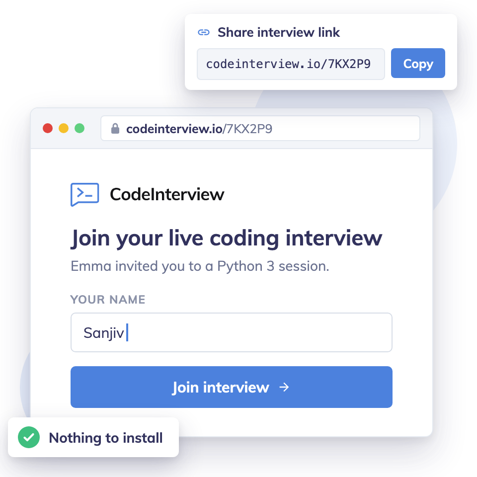 Candidate joining a live coding interview from a shared link in the browser, with nothing to install