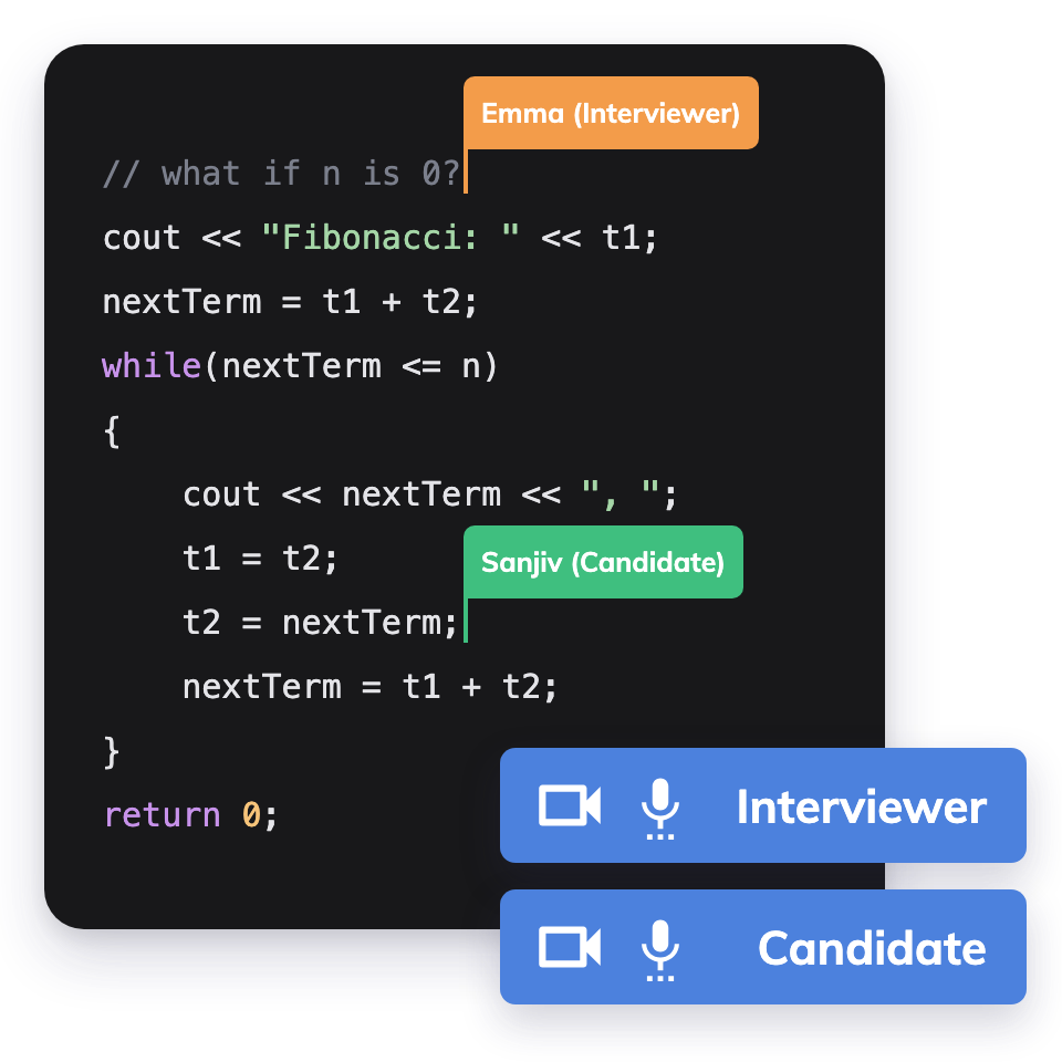Interviewer and candidate typing together in the shared code editor