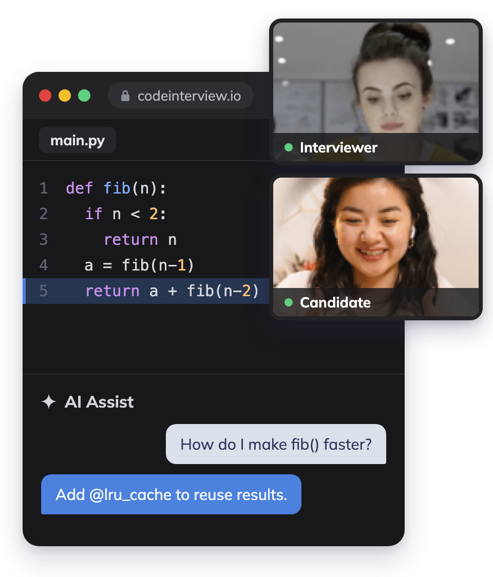 Browser-based IDE with built-in video and AI Assist in the CodeInterview interview room