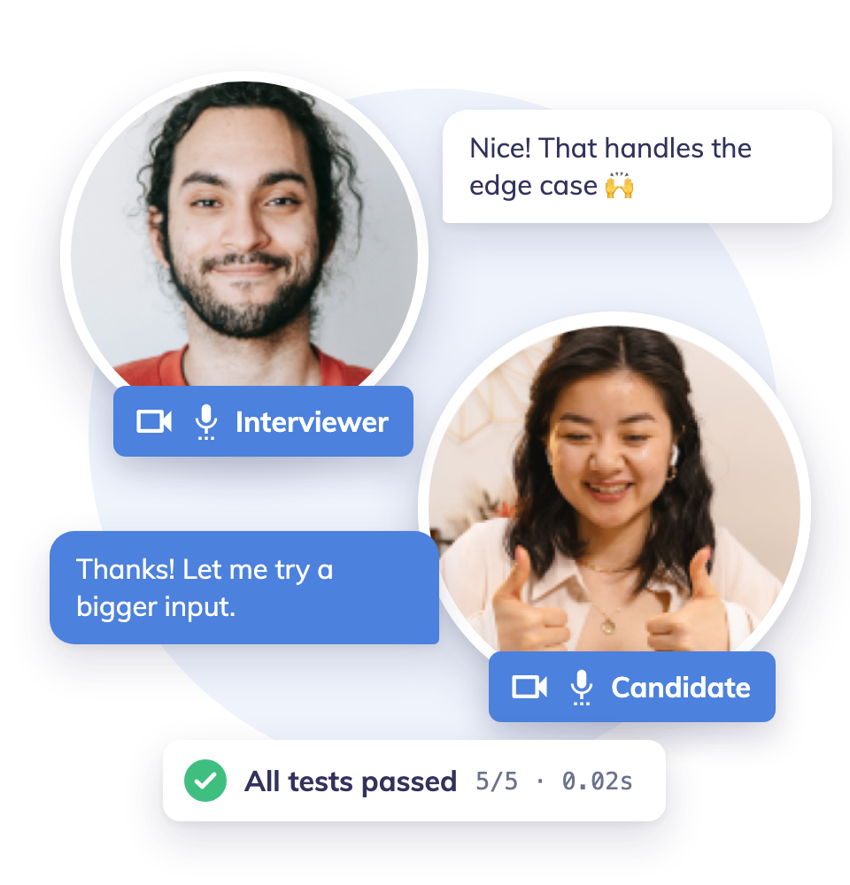 Interviewer and candidate on a video call, chatting as their code passes all tests
